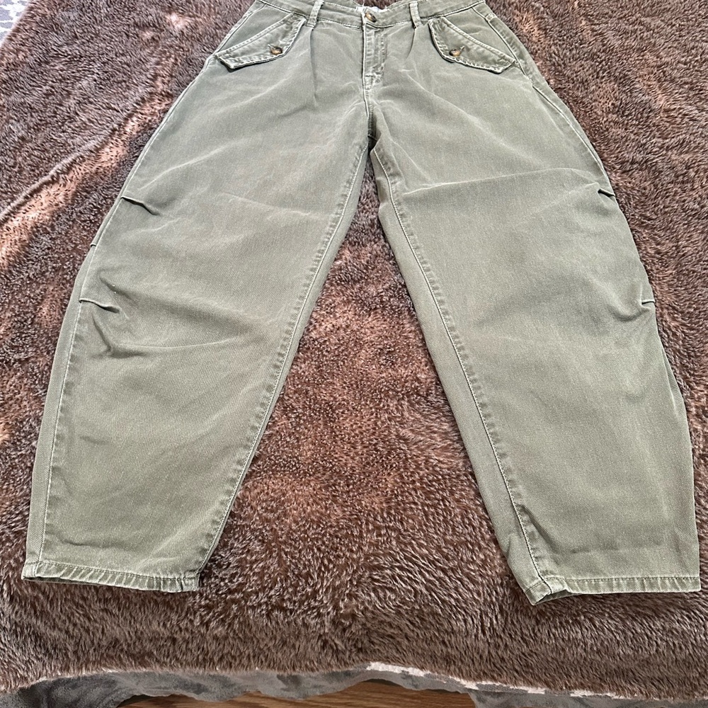 Free People Olive Green Barrel Leg Jeans